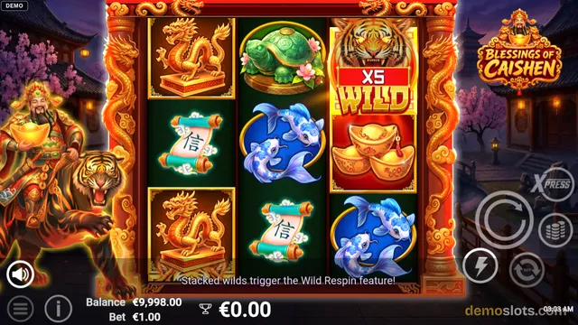 A slot game titled Blessings of Caishen shows a 3x3 reel grid with symbols including a golden dragon, a green turtle, a tiger wild, and fish, with a large tiger character on the left side.