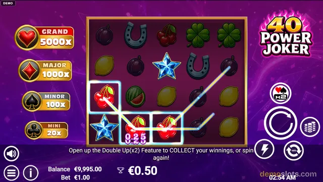 A slot game grid shows a winning line with cherries, a star, and a horseshoe, with a message about a Double Up feature.