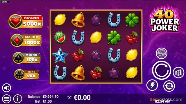A 5x4 slot game grid with classic fruit symbols on a purple background, showing the game title 40 Power Joker.