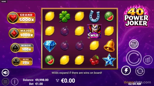 A slot game grid with various fruit and classic symbols, with jackpot levels displayed on the left.