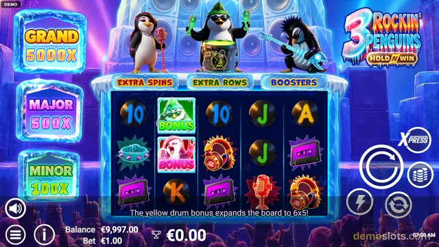 A slot game titled 3 Rockin' Penguins Hold & Win shows three penguin characters above a 5x3 reel grid filled with symbols, with jackpot values on the left side.
