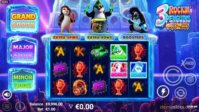 A 5x3 slot game titled 3 Rockin' Penguins Hold and Win shows three penguin musicians on top of the reels, with a grid of symbols including letters, cassette tapes, microphones, headphones, and bonus icons.