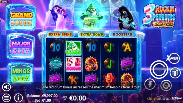 A slot game titled 3 Rockin' Penguins Hold & Win shows a 5x4 grid of symbols with three penguin characters above the reels.