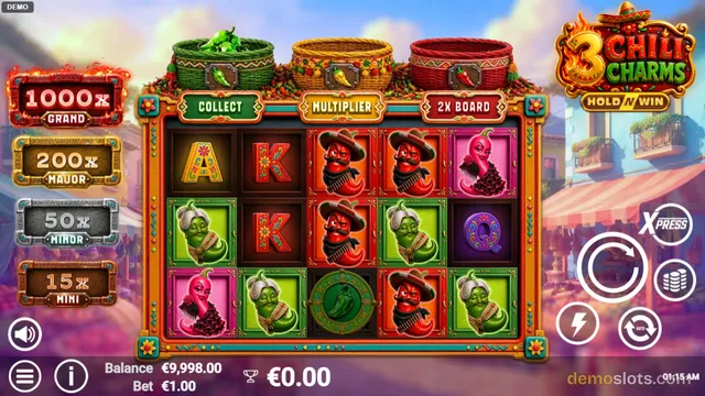 A slot game screen showing a 5x3 grid of symbols including anthropomorphic chili peppers and playing card letters, with a balance of €9,998.00 and a '3 Chili Charms' logo in the top right.