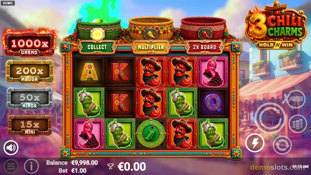 A brightly rendered screenshot of the 3 Chili Charms slot game showing a 5x3 grid of symbols with a festive Mexican theme and a balance of 9,998.00.