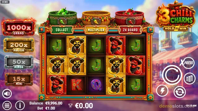 A screenshot of the 3 Chili Charms slot game showing a 5x3 grid with chili pepper symbols and a balance of €9,966.00.