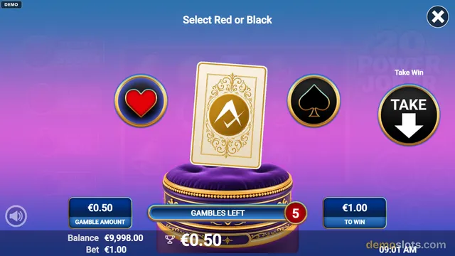 A gambling feature screen titled 'Select Red or Black' displays a face-down card on a purple cushion with red heart and black spade selection buttons on either side.