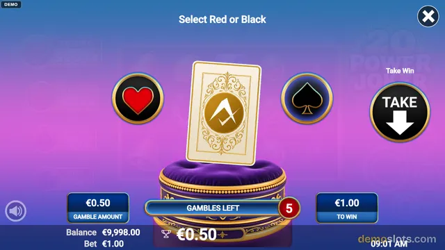 A 'Select Red or Black' gamble screen displays a face-down card, heart and spade icons, and a 'Take' button over a faded slot grid background.