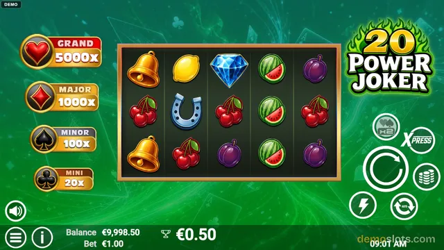A 5x3 slot game grid displays various symbols including fruit, a bell, a horseshoe, and a diamond on a green background with jackpot tiers on the left and control buttons on the right.