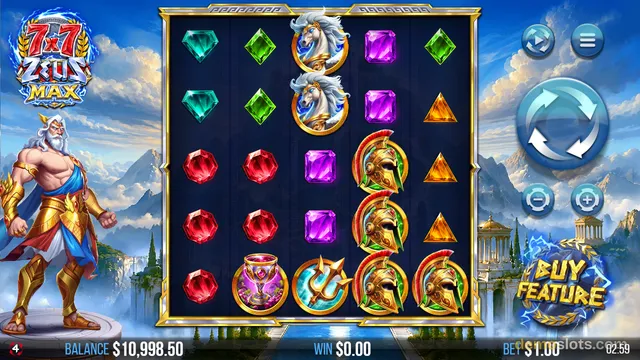 A slot game titled 7x7 Zeus Max shows a 5x5 grid of symbols including gems, helmets, horses, and a trident, with a Zeus character on the left and a BUY FEATURE button on the right.