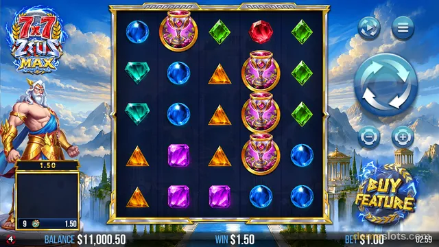 A 5x5 slot grid with gem symbols and a golden trophy, Zeus standing on the left, and a blue spin button on the right.