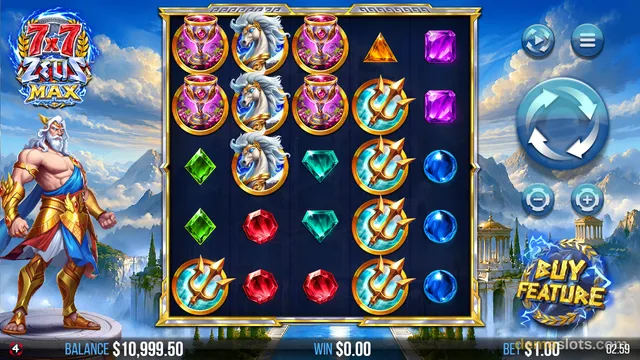 A 6-reel slot game titled 7x7 Zeus Max shows a fully rendered base game grid with Greek mythology symbols, a muscular Zeus character on the left, and a blue spin button on the right.