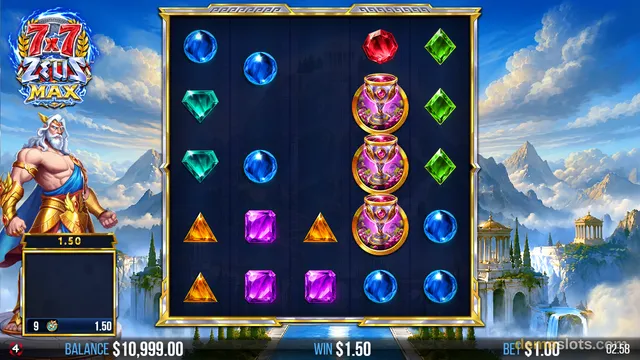 A slot game grid with gem symbols and a golden-framed panel, showing a win of $1.50.