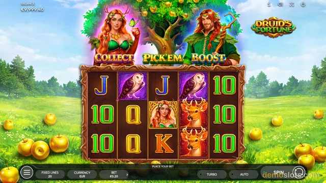 A 5x3 slot game grid with druid characters and animal symbols sits in a green meadow, with the game title Druid's Fortune in the top right corner.
