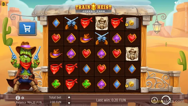 A western-themed slot game screen featuring a cactus character and a 5x5 grid of symbols under a train car roof.