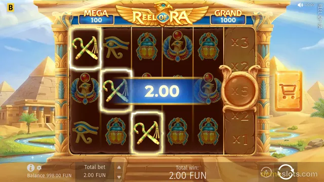 Egyptian-themed slot game Reel of Ra showing a 5x3 grid with a win of 2.00, featuring symbols like crooks, eyes, scarabs, and falcons, with Mega and Grand jackpot labels at the top and a win multiplier column on the right.