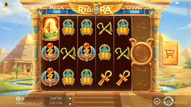 A 4x4 slot game grid with Egyptian-themed symbols, showing a pyramid bonus symbol on the first row and various other symbols below.