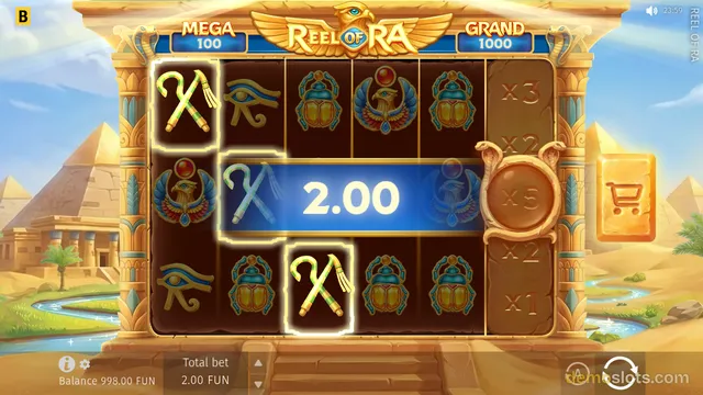 A 5x3 Egyptian-themed slot game titled Reel of Ra shows a winning payline with two crook-and-flail symbols, a blue 2.00 win banner, and a multiplier ladder on the right.