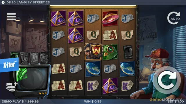 A 5x5 slot grid displays symbols including a pyramid with an eye, a UFO, a green robot bird, a globe, and torn-paper letter tiles, with a man in a cap sitting to the right and a TV monitor on the left.