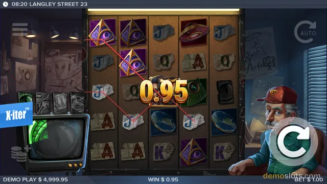 A 5-reel slot game titled Langley Street 23 shows a winning payout of 0.95 with red paylines crossing a grid of conspiracy-themed symbols.