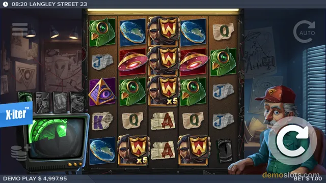 A 5-reel slot game grid showing symbols like green-eyed aliens, UFOs, planets, and playing card letters, with a retro TV console on the left and a cartoon man in a red cap on the right.