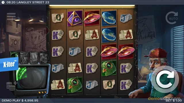 A 5x4 slot game grid is fully rendered with various symbols including letter tiles, a pyramid eye, UFOs, planets, and a green alien bird, with a character on the right and a TV console on the left.