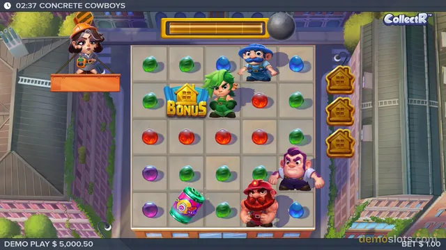 A 5x5 grid of colorful gems and cartoon characters on a construction-themed background with a timer and balance display.