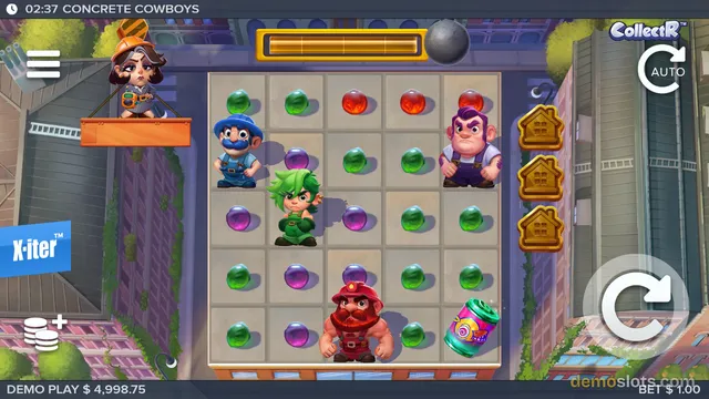 A fully rendered 5x5 slot game grid displaying colorful gem symbols, cartoon worker characters, a soda can, and a row of house icons, set against a city backdrop.