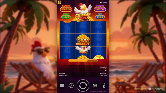 A mobile slot game screen displaying a 3x3 grid with a chicken wild symbol and a 5.00 collect pile, set against a beach background with a chicken in a deck chair.