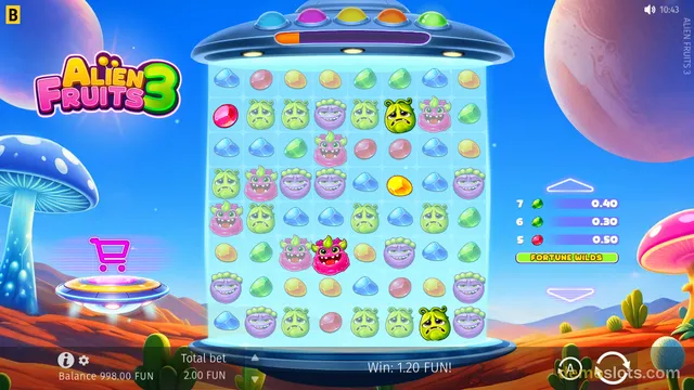 A slot game grid filled with cartoon alien fruit symbols sits inside a UFO-themed frame, with a title logo and alien landscape background.