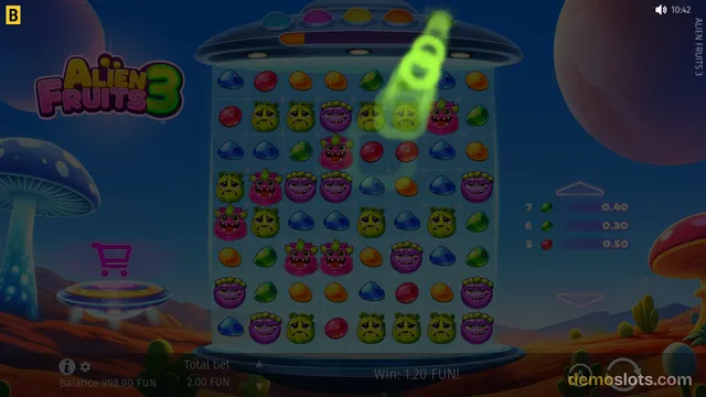 A 9x9 grid of colorful alien fruit symbols sits under a UFO in a space-themed slot game, with a green glowing beam striking the grid.