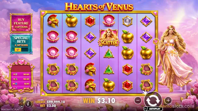 A slot game screen titled 'Hearts of Venus' showing a 6x5 grid of symbols with a win of $3.10 displayed at the bottom.