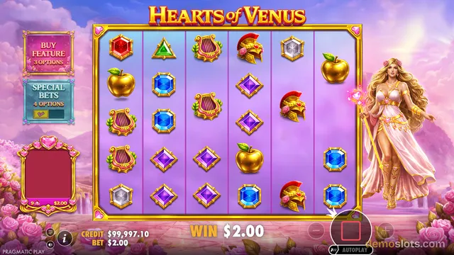 A slot game screen titled Hearts of Venus displays a 6x4 grid of symbols with a female character on the right and a win of $2.00 shown at the bottom.