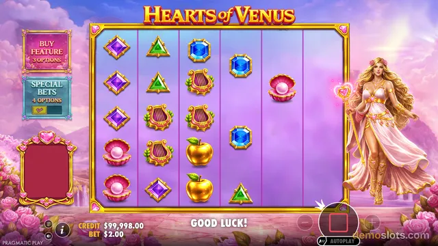 A brightly lit 5-reel slot game titled 'Hearts of Venus' by Pragmatic Play showing a settled grid of symbols including gems, harps, apples, and pearl shells against a pink sky background.