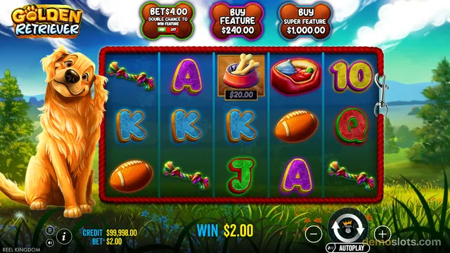 A screenshot of the 'Golden Retriever' slot game showing a settled 5x3 reel grid with a large golden retriever dog standing on the left side.