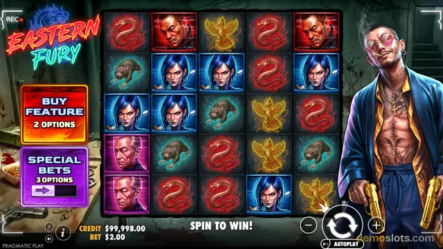 A 5x5 slot grid titled Eastern Fury shows various symbols including red serpents, bald men, golden eagles, blue-haired women, and rats, with a tattooed man holding guns on the right and a buy feature panel on the left.