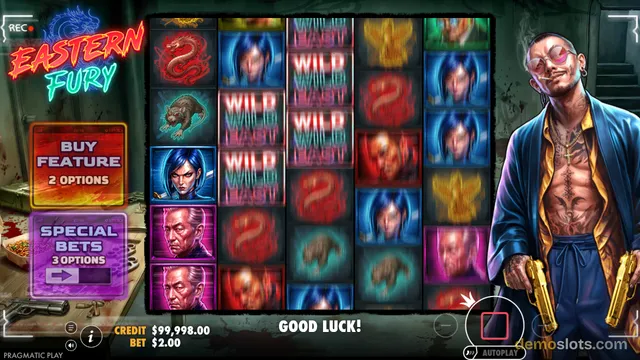 Eastern Fury slot game shows a 5x5 grid of symbols with a male character holding gold pistols on the right side, and the words GOOD LUCK! below the reels.