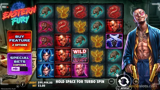 A 5x5 slot game grid titled Eastern Fury shows symbols like tigers, snakes, eagles, and character portraits, with a tattooed man holding golden guns standing on the right side.