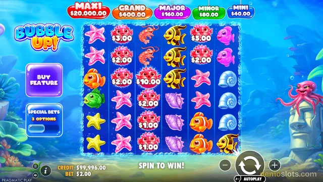 A slot game titled Bubble Up! shows a 5x6 grid of underwater symbols with a maxi jackpot of $20,000.00 displayed above the reels.