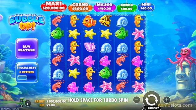 A slot game titled Bubble Up! shows a 6x6 grid of colorful underwater creatures, with jackpot values displayed at the top and a credit of $100,000 and bet of $2.00 at the bottom.