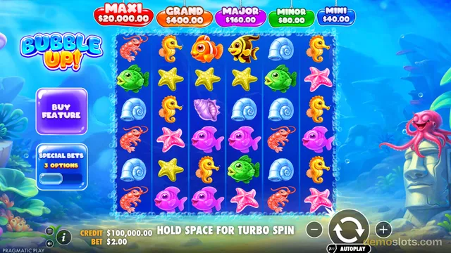 A 6-reel slot game titled Bubble Up! displays an underwater scene with a 6x6 grid of colorful sea creatures and jackpot prize values at the top.