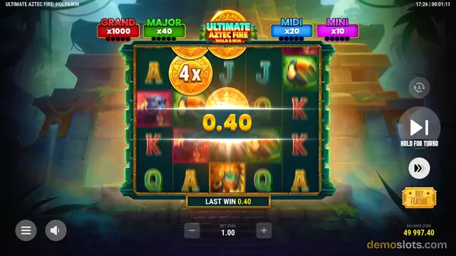 A slot game titled Ultimate Aztec Fire: Hold & Win shows a 5x3 grid with a win of 0.40, jackpot labels at top, and a last win indicator.
