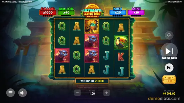 A 5x3 slot game grid titled Ultimate Aztec Fire: Hold & Win shows a settled spin with Aztec-themed symbols including a warrior, jaguars, a toucan, and playing card letters.