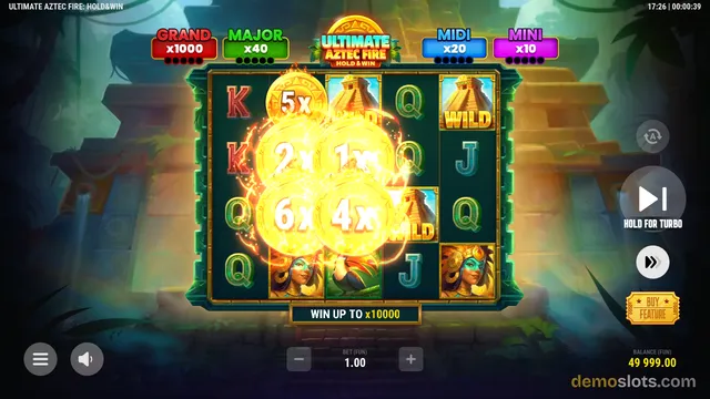 A slot game grid showing glowing golden coins with multipliers over a background of Aztec ruins, with jackpot values displayed at the top.