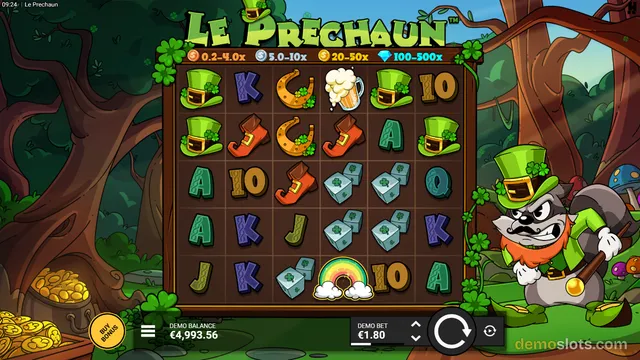 A 6x5 video slot grid displaying leprechaun-themed symbols including hats, horseshoes, and dice, with a cartoon wolf character to the right.