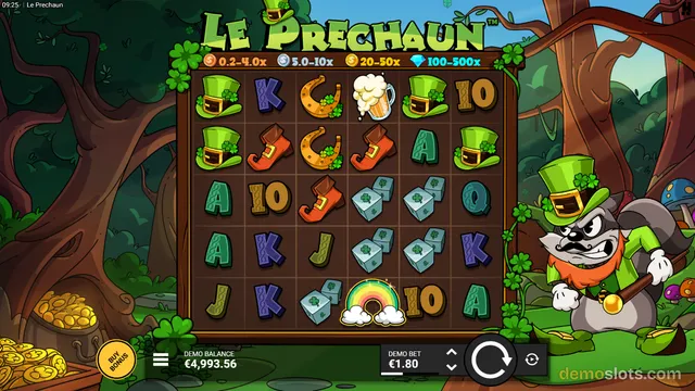 A fully rendered 5x5 grid of a leprechaun-themed slot game titled 'Le Prechaun' with a raccoon mascot on the right.