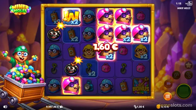 A 5x5 grid of mining-themed slot symbols with a mole character on the left, showing a winning combination highlighted with a 1.60 euro payout.