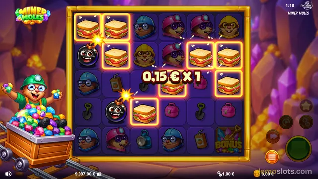 A 6x6 grid of cartoonish symbols shows a winning cluster of sandwich icons with glowing orange borders, with a mole character in a mine cart at the bottom left.