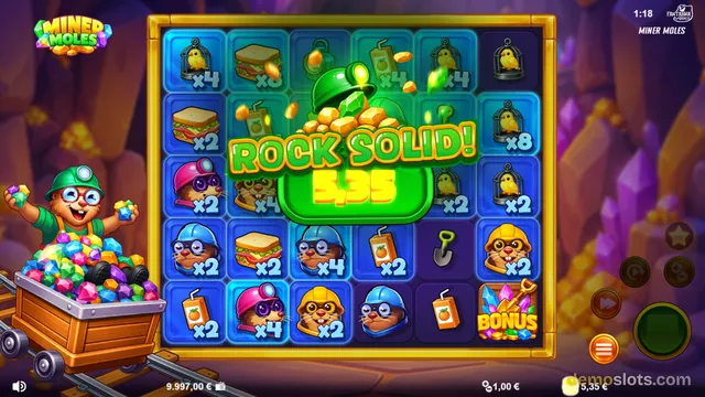 A 5x5 slot grid displays a win of 5.35 with the text ROCK SOLID! in the center, featuring mole characters and mining-themed symbols.