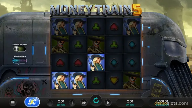 A 5x4 slot grid titled MONEY TRAIN 5 shows a fully rendered base game with symbols including cowgirls, skull-faced bandits, and card suits on a dark metal train-car frame.